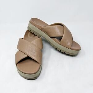 [Vionic] Tan Vesta Leather Criss Cross Platform Slides Lug Sole Sandals Size 11